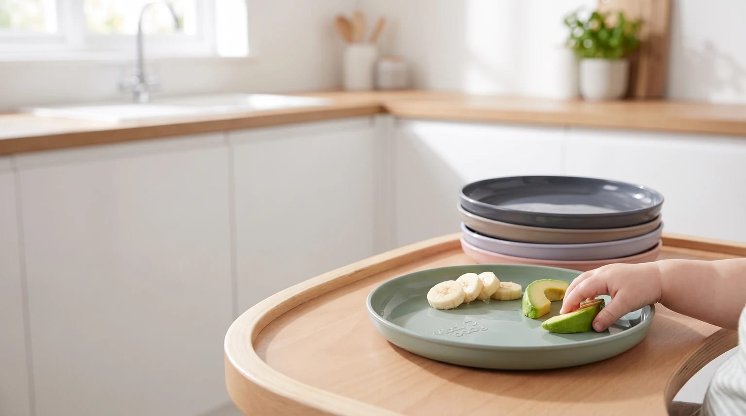 A baby's hand reaches for a slice of avocado on a sage green plate, which is on a wooden highchair tray with a stack of colourful plates behind.