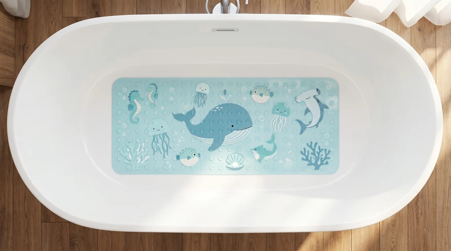 A blue sea-themed baby bath mat lies flat inside a clean white bath.