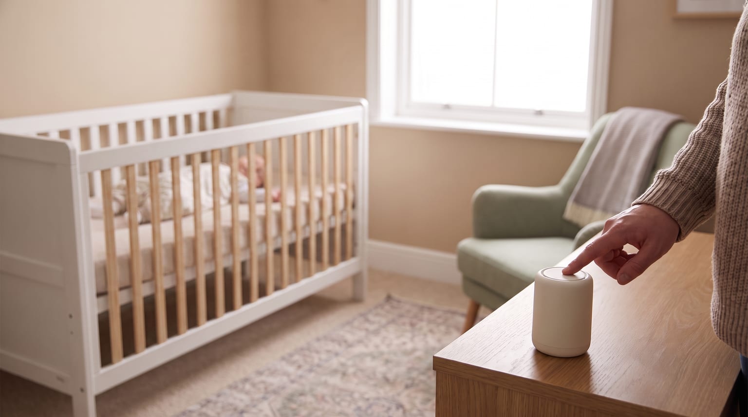 A parent switches off a white-noise machine on a chest of drawers outside a complete four-sided cot, while a baby lies on their back.