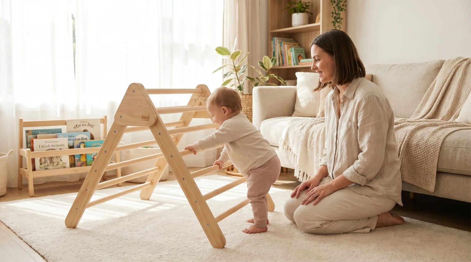 A woman kneels smiling on a rug in a bright living room, watching a toddler who is holding onto a wooden climbing frame.