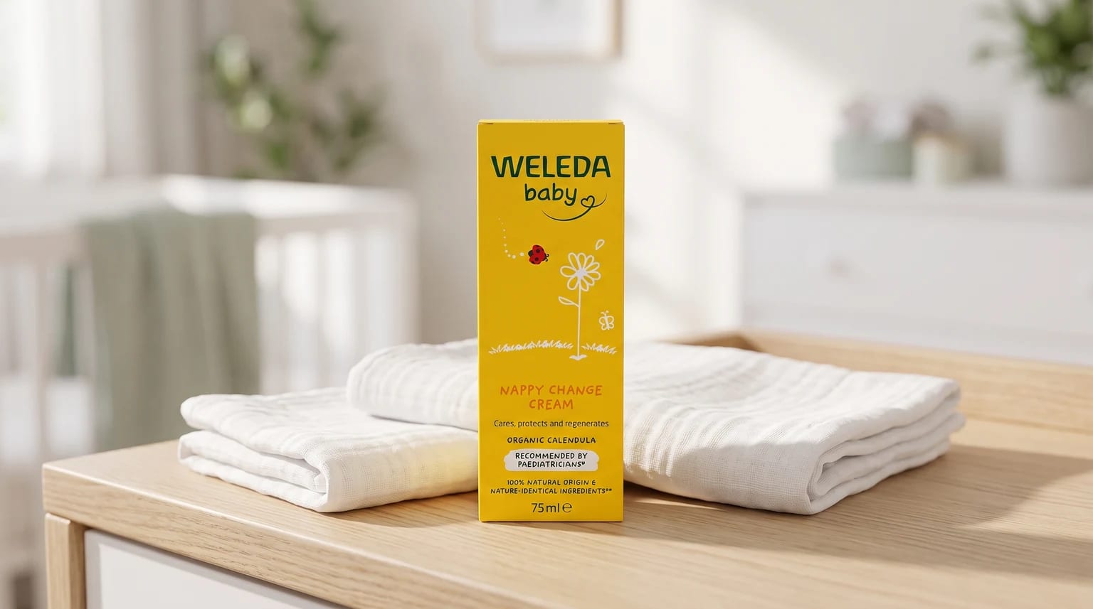A yellow box of Weleda Baby Nappy Change Cream standing on a wooden changing table beside two folded white muslin cloths.