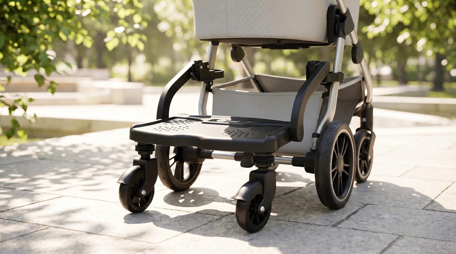 A black buggy board attached to the back of a grey pushchair on a sun-dappled stone pavement in a park.