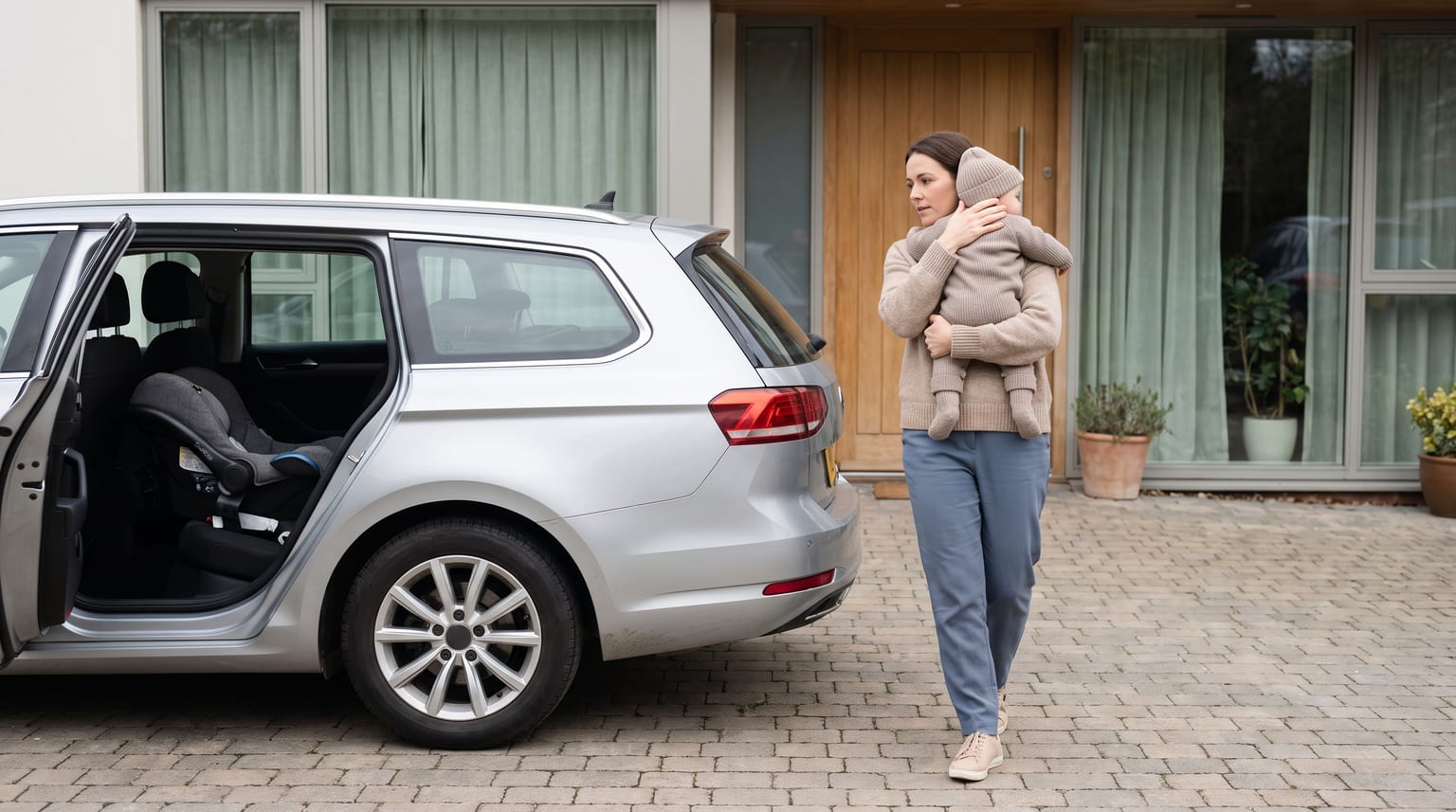 A woman carries a baby away from a silver car parked on a paved drive. The rear car door is open, showing an empty infant car seat inside.