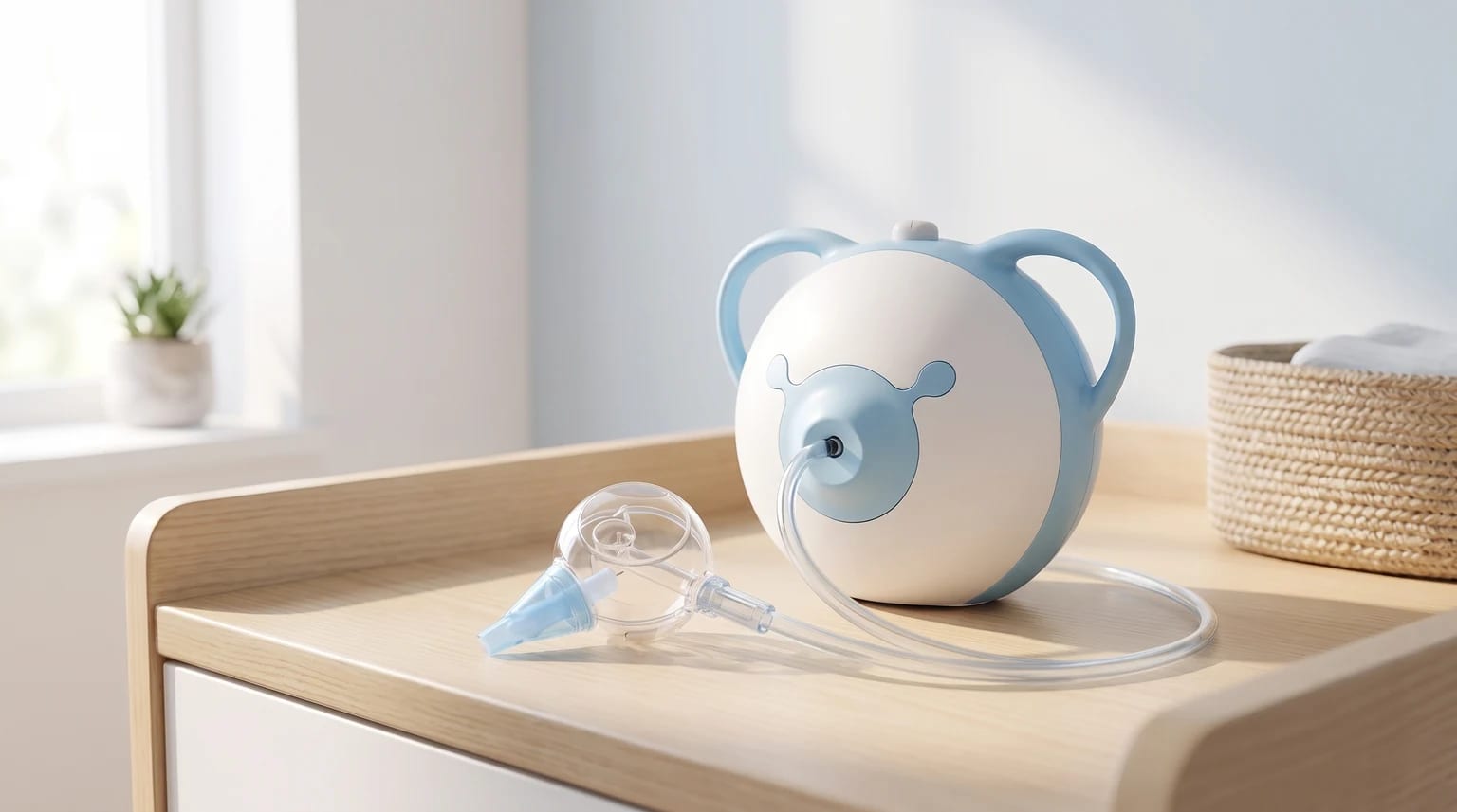 A white and pale blue electric nasal aspirator with a playful, bear-like design, sitting on a wooden changing table in a bright nursery.