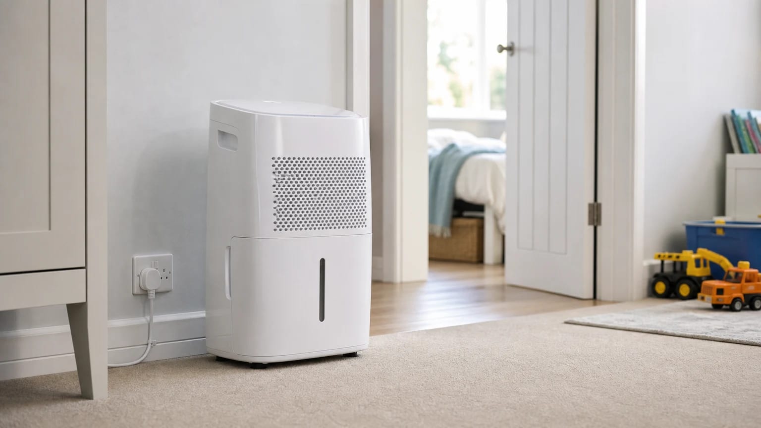 White dehumidifier placed with clear airflow and a tidy cable in a family home hallway.