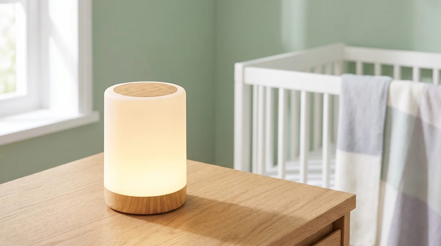 A cylindrical night light with a wooden base, casting a warm glow on a bedside table in a nursery next to a white baby's cot.