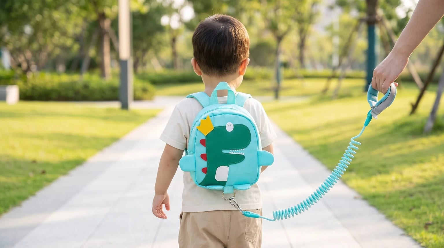 A young child walks along a path in a park, wearing a cute turquoise dinosaur backpack with a safety rein held by an adult.