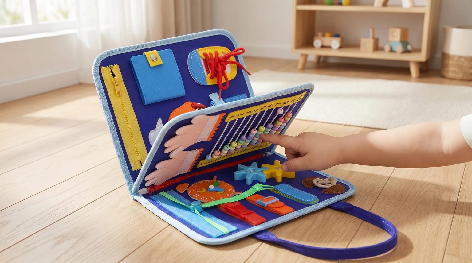 A toddler's hand moving colourful beads on the abacus of a blue felt busy board, which is open on a wooden playroom floor.
