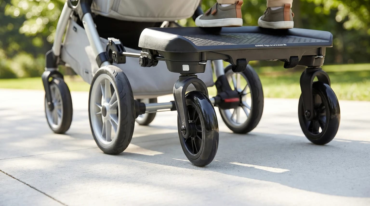 A toddler in trainers stands on a black buggy board attached to the back of a grey pushchair on a pavement.