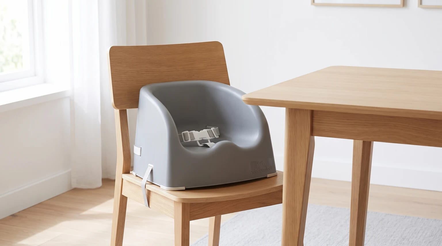 A grey toddler booster seat strapped securely onto a light-coloured wooden dining chair, set beside a matching table.