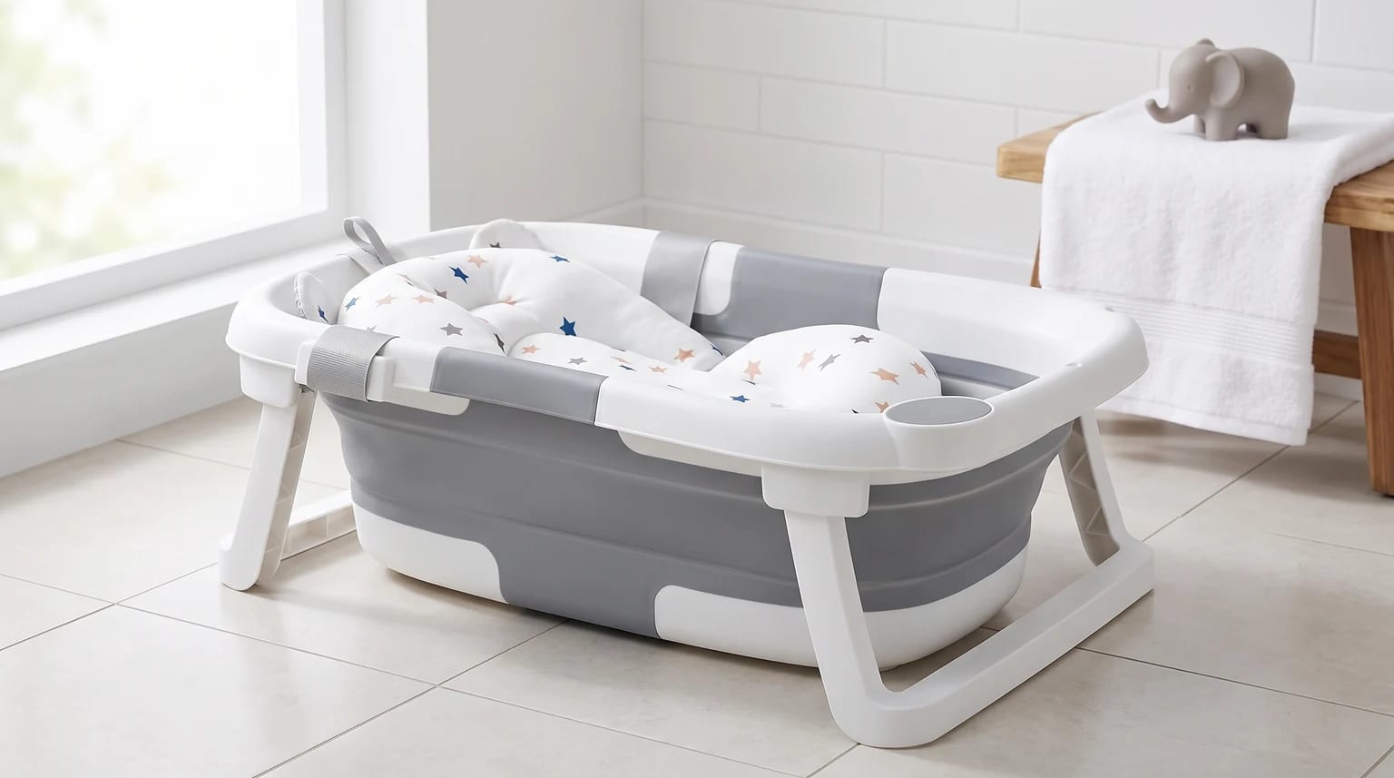 A grey and white collapsible baby bath with a star-patterned support cushion, set up on a white tiled floor in a bright bathroom.