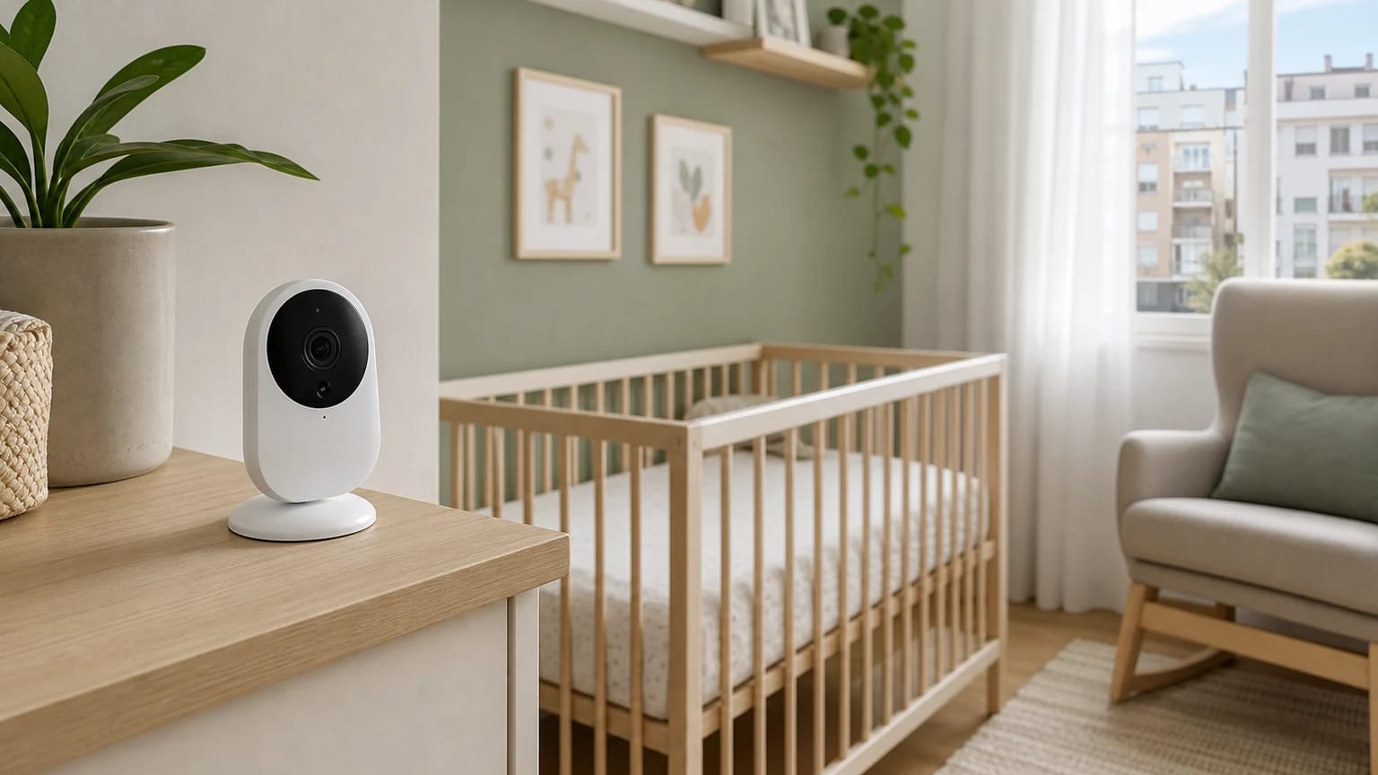 A baby monitor in a calm nursery, placed away from the cot.