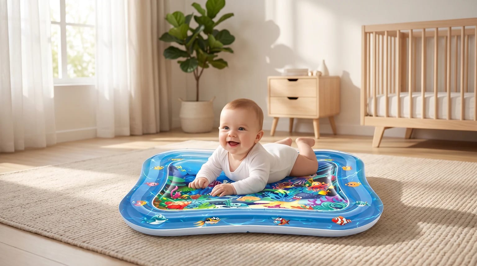 A happy baby enjoys tummy time on a colourful, ocean-themed inflatable water mat in a sunlit nursery.
