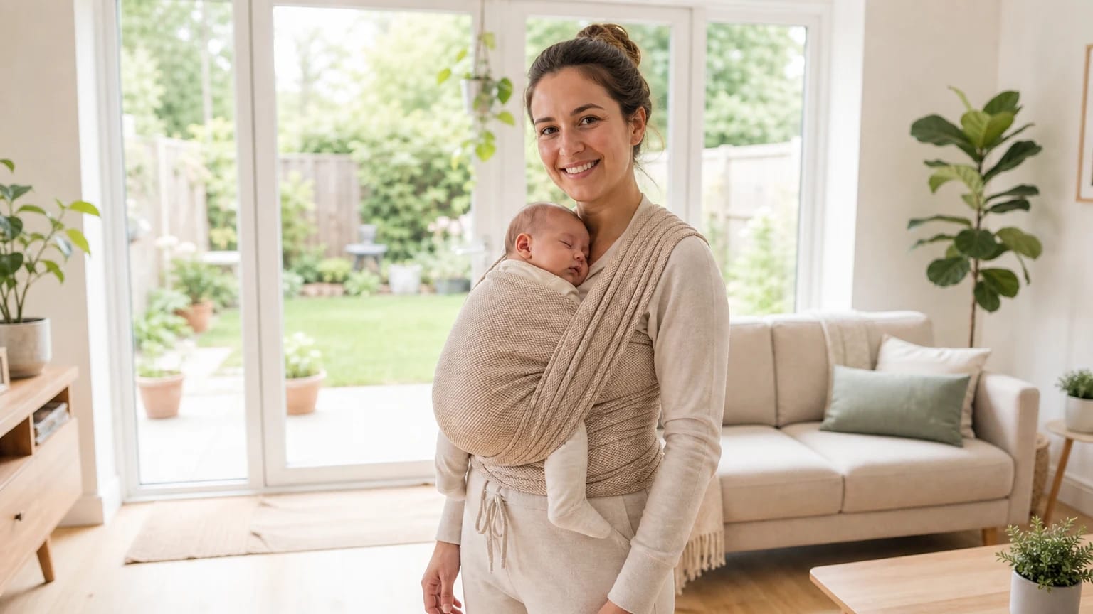 A smiling parent stands in a bright living room with a sleeping newborn held upright against their chest in a beige woven wrap.