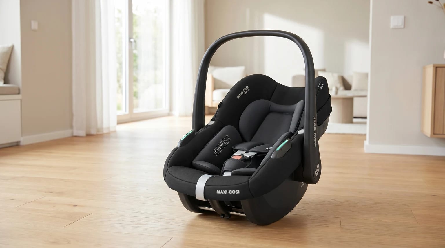 A black Maxi-Cosi infant carrier placed on a light wooden floor in a bright, modern living room.