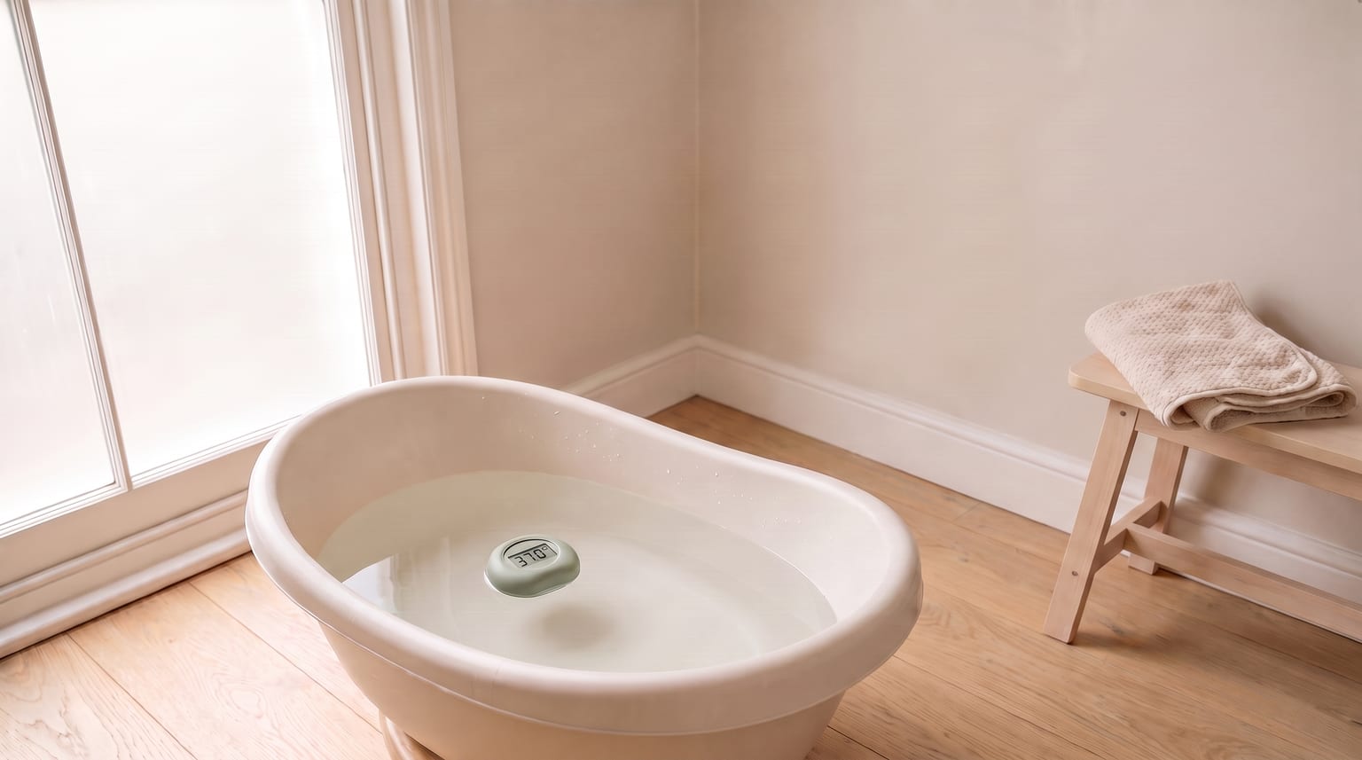 A cream-coloured baby bath sits on a wooden floor, with a digital thermometer in the water reading 37.0°C. A folded towel rests on a small stool nearby.