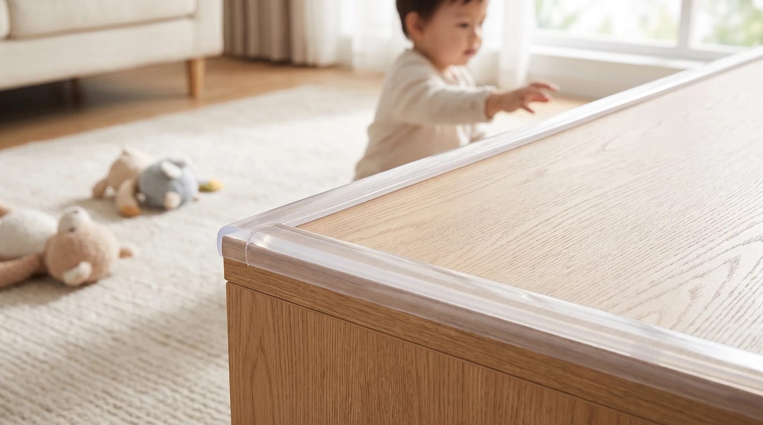A clear edge protection strip fitted along the corner of a wooden table, with a baby playing on the floor in the background.