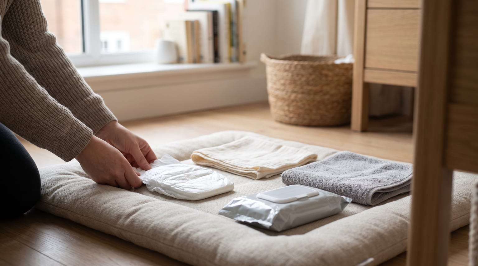 A clean nappy, soft cloth and towel being prepared on a low changing mat.