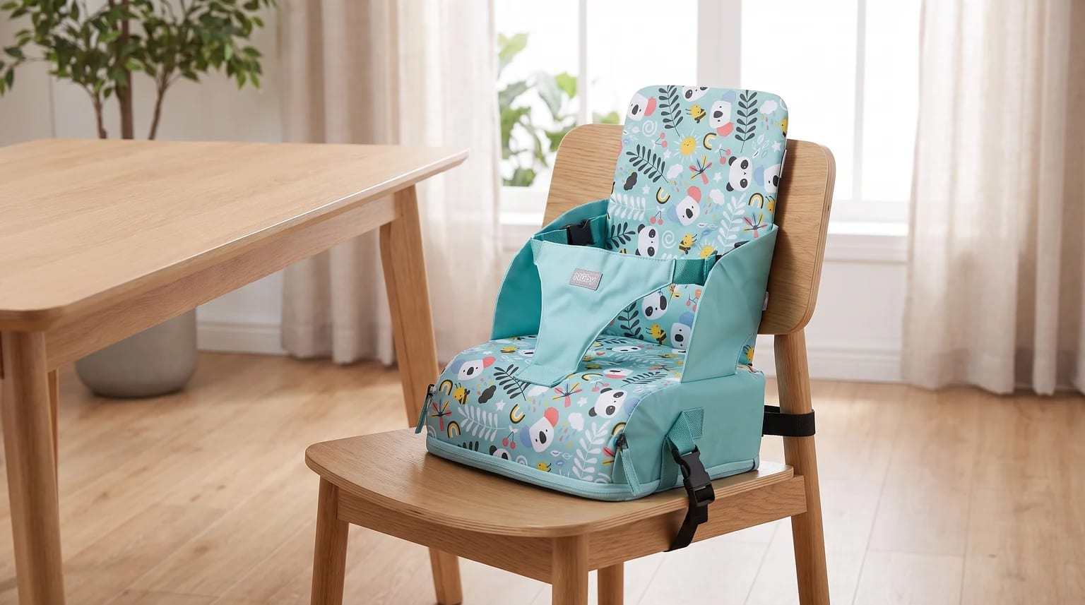 A colourful child's travel booster seat with a panda and koala pattern, secured to a wooden dining chair next to a table.