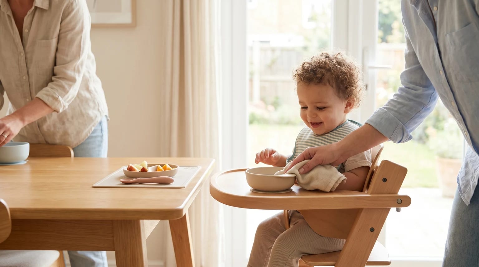 A smiling toddler with curly hair sits in a wooden high chair at a table while a parent cleans their bowl with a cloth.