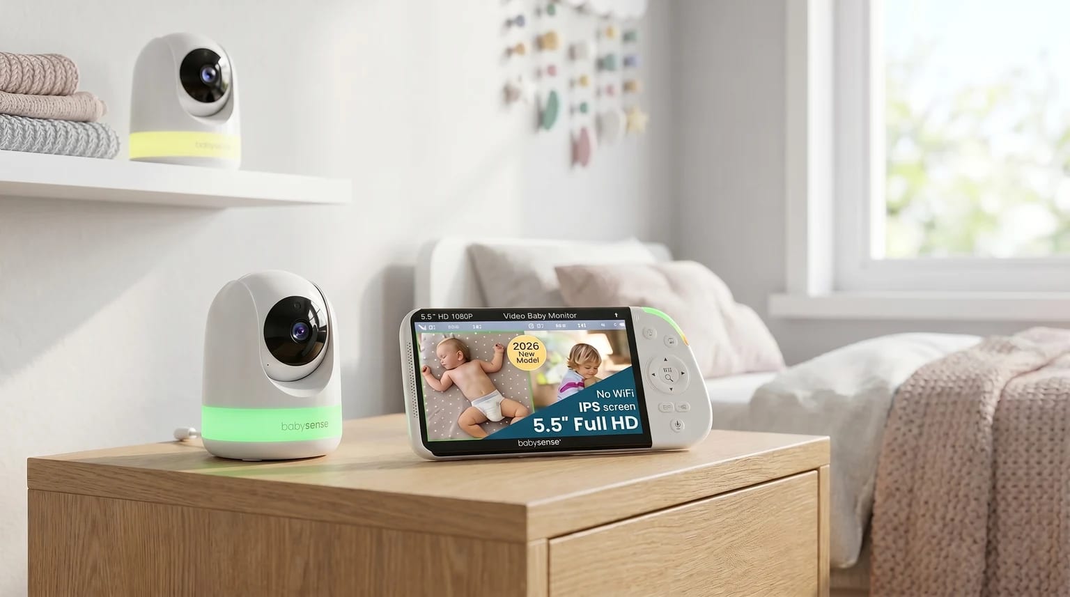 The Babysense split-screen baby monitor on a wooden bedside table, showing two camera units and a screen with a 2026 New Model badge.