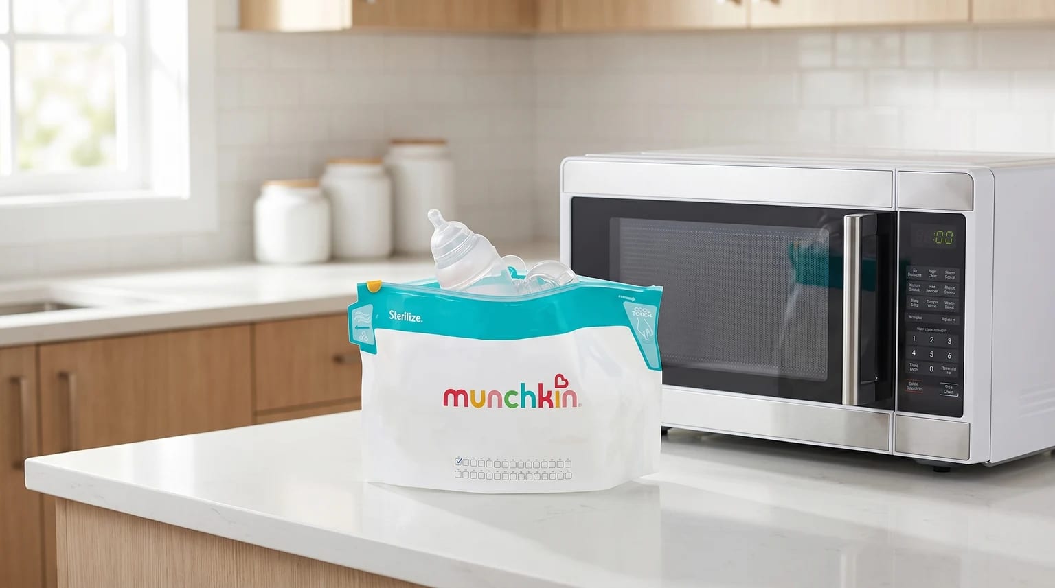 A Munchkin microwave steriliser bag with a baby bottle inside, sitting on a bright kitchen worktop next to a microwave oven.