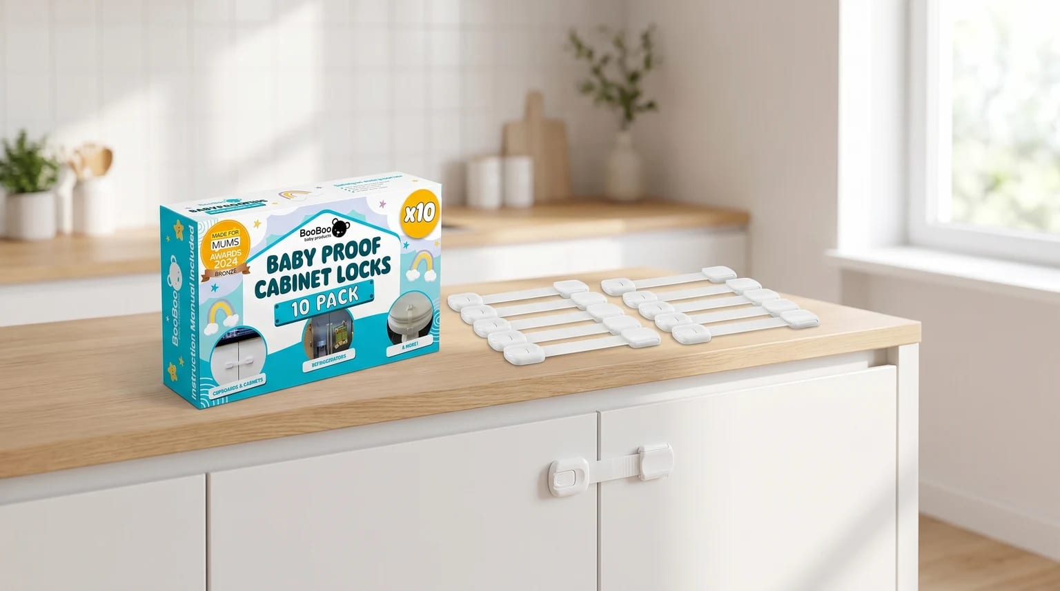 A pack of BooBoo baby safety locks on a kitchen worktop, with a white adhesive lock fitted across two white cupboard doors.
