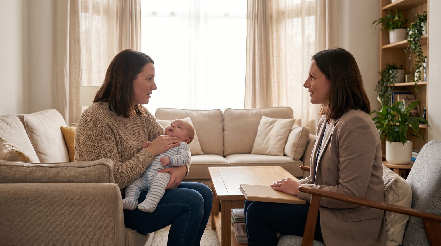 A parent holds an awake baby while talking with another adult holding a closed notebook in a bright sitting room.