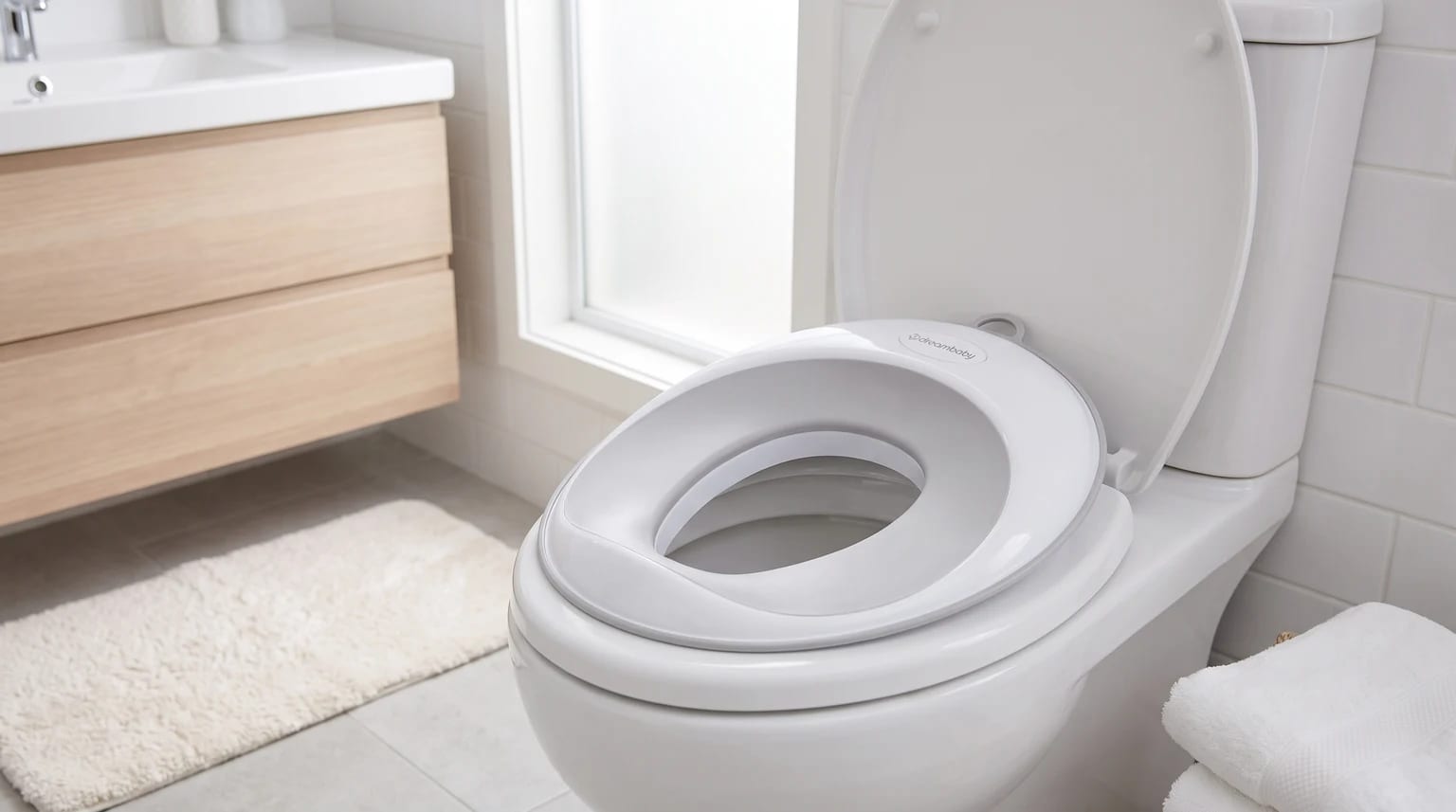 A white and grey Dreambaby cushioned toilet training seat fitted on an open toilet in a bright bathroom.