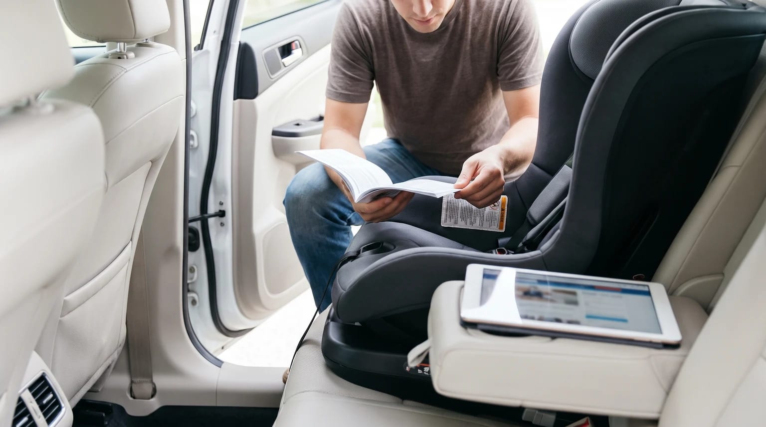 Parent checking a child car seat label and instructions before using it.