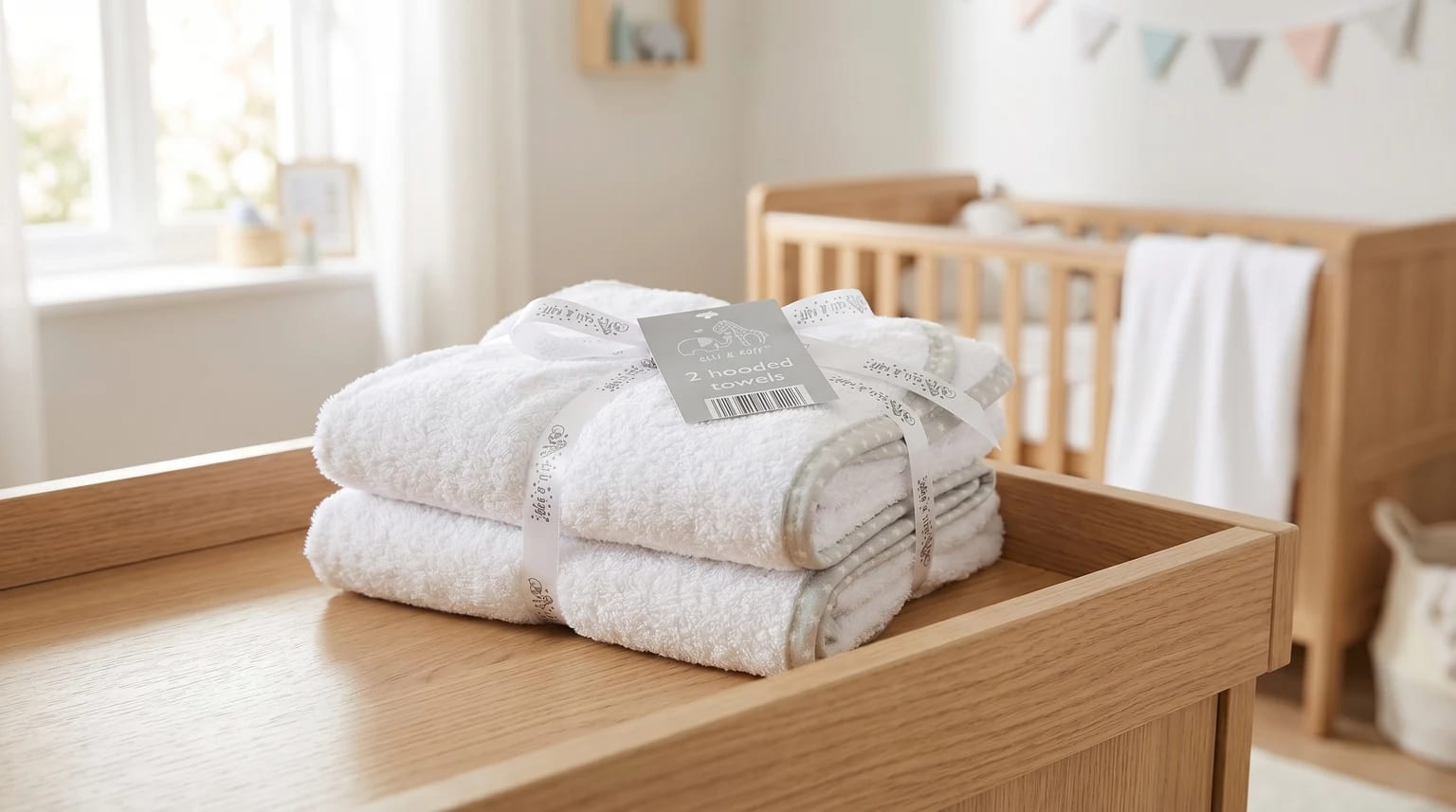 A stack of two white hooded baby towels with a grey star trim, tied with a ribbon on a wooden changing unit in a nursery.