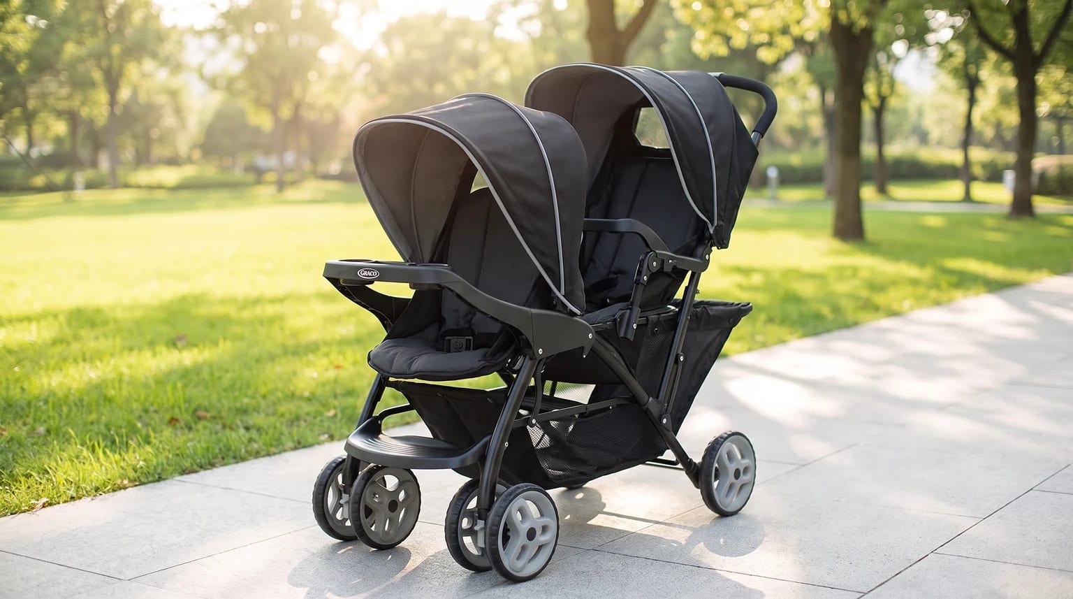 A black Graco tandem double pushchair sits empty on a paved path in a sunlit park, with green grass alongside.