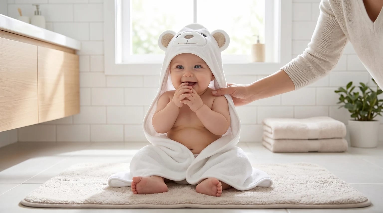 A cheerful baby sitting on a bathroom mat, wrapped up in a white hooded towel that has a cute bear face and ears.