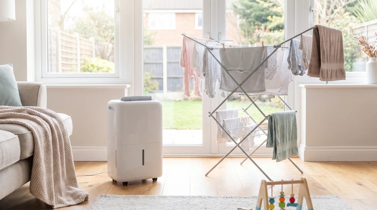 A white dehumidifier on a wooden floor next to a clothes airer holding baby clothes and towels in a bright living room.