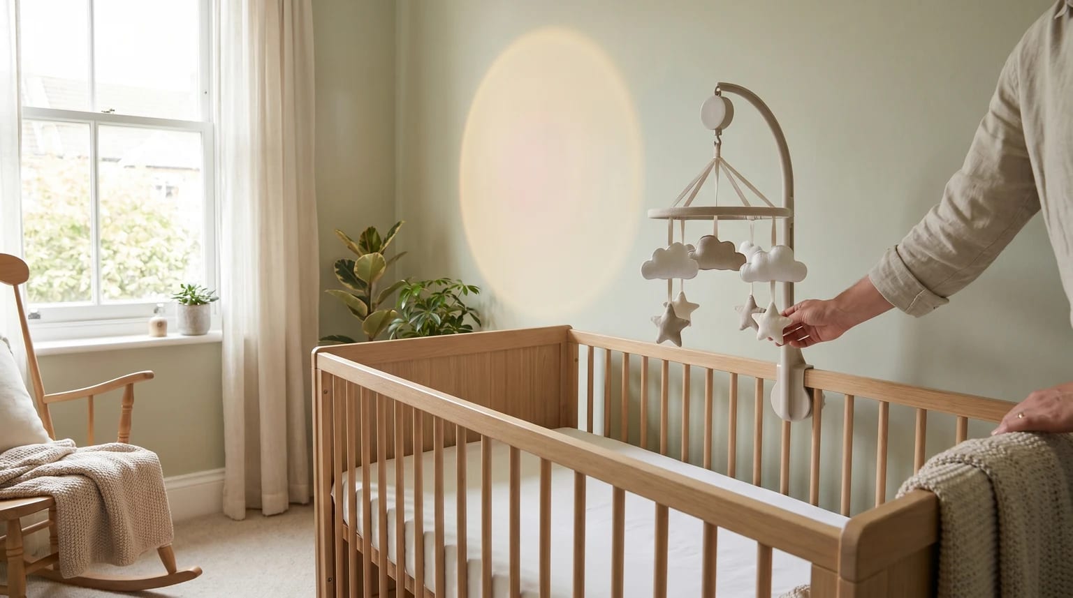 A person's hand adjusts a mobile with soft cloud and star toys hanging over an empty wooden cot in a light-filled nursery.