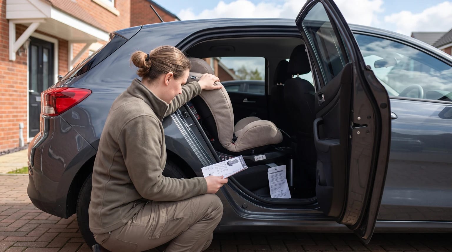 Parent checking a child car seat installation beside an open car door.