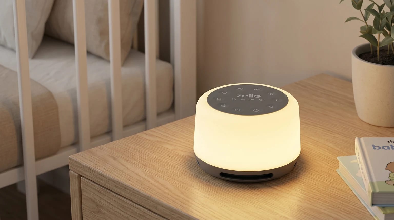 A Zello white noise machine and night light glowing warmly on a wooden bedside table next to a baby's cot.