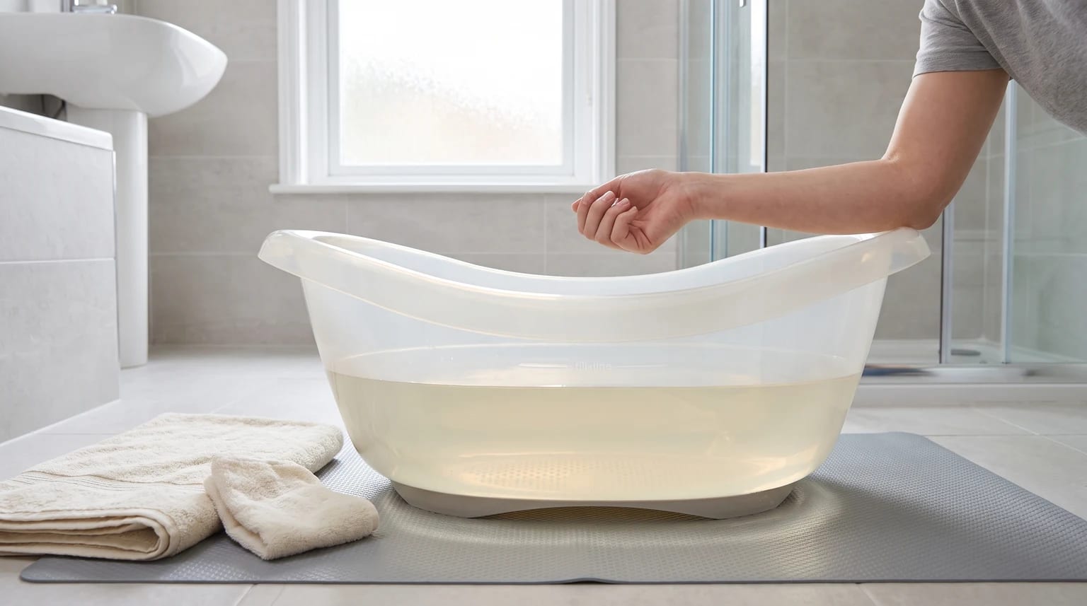 Adult checking warm water in a purpose-built baby bath before use