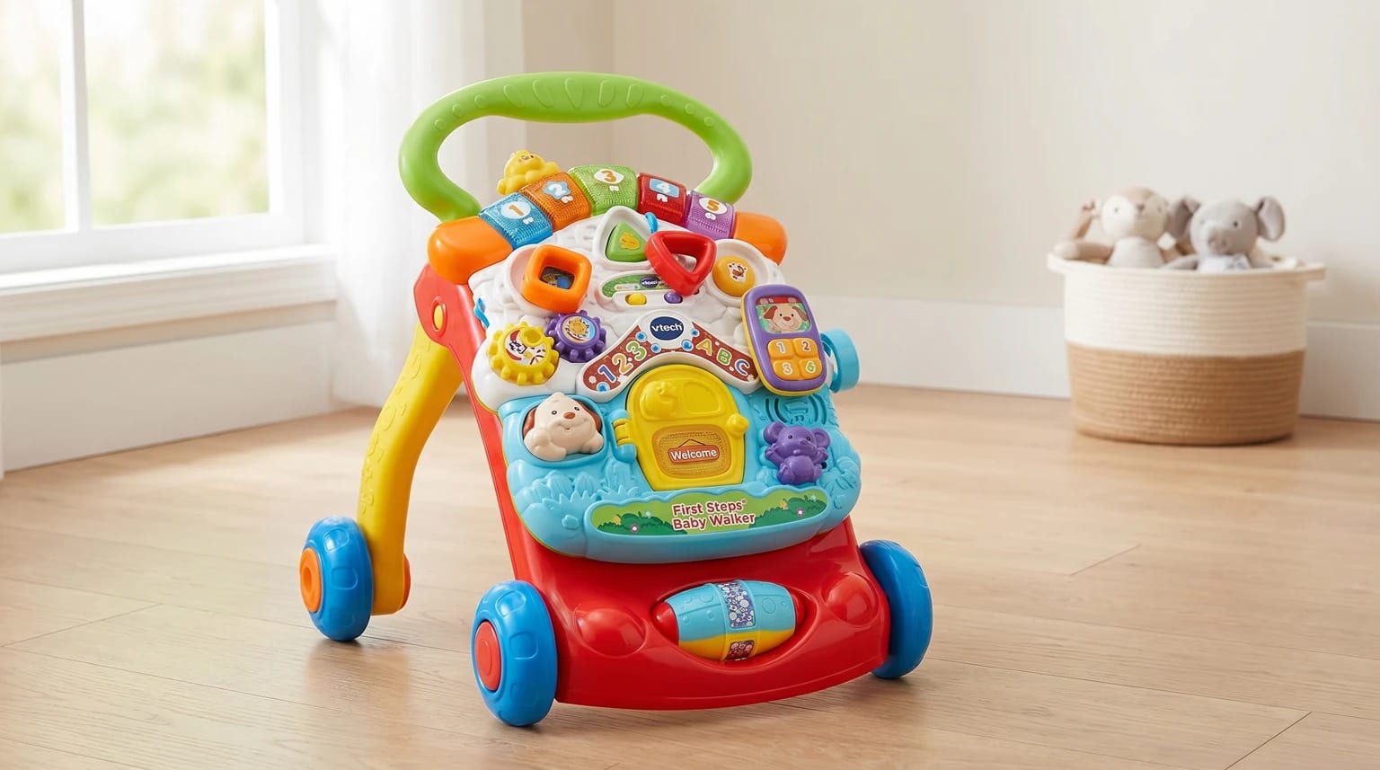 A colourful VTech First Steps baby walker with an interactive activity panel, standing on a light wooden floor.