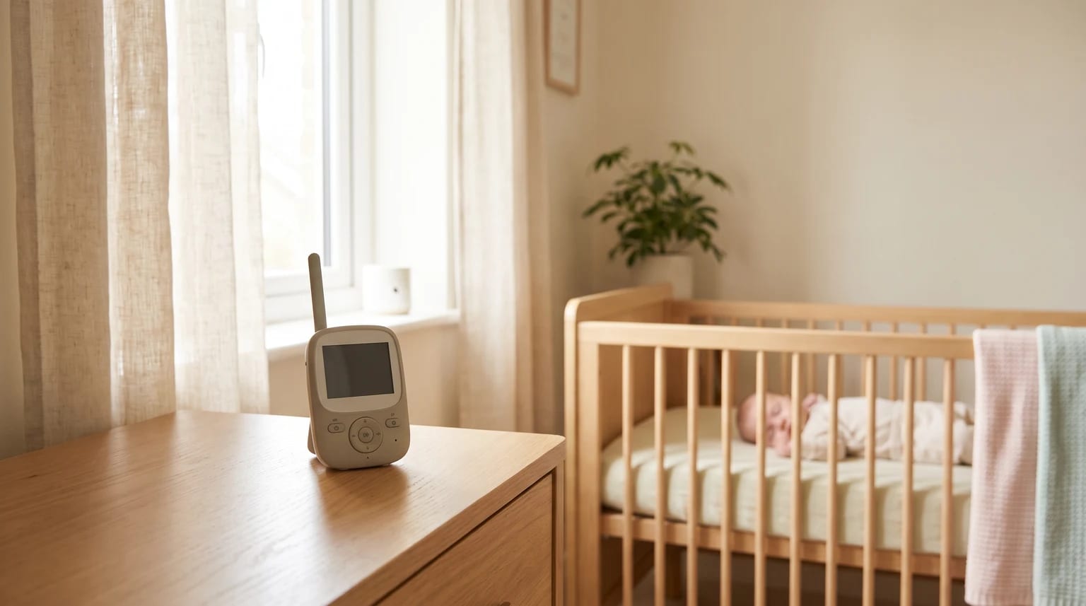 A baby monitor on a wooden surface in a nursery, with a baby seen sleeping in their cot in the soft-focus background.