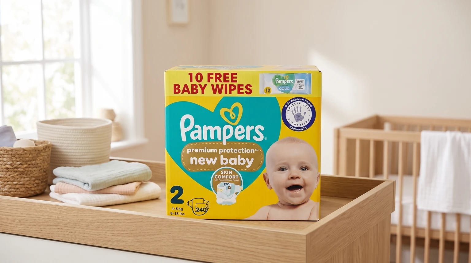A large box of Pampers Premium Protection New Baby nappies on a wooden changing tray in a nursery, with a cot in the background.