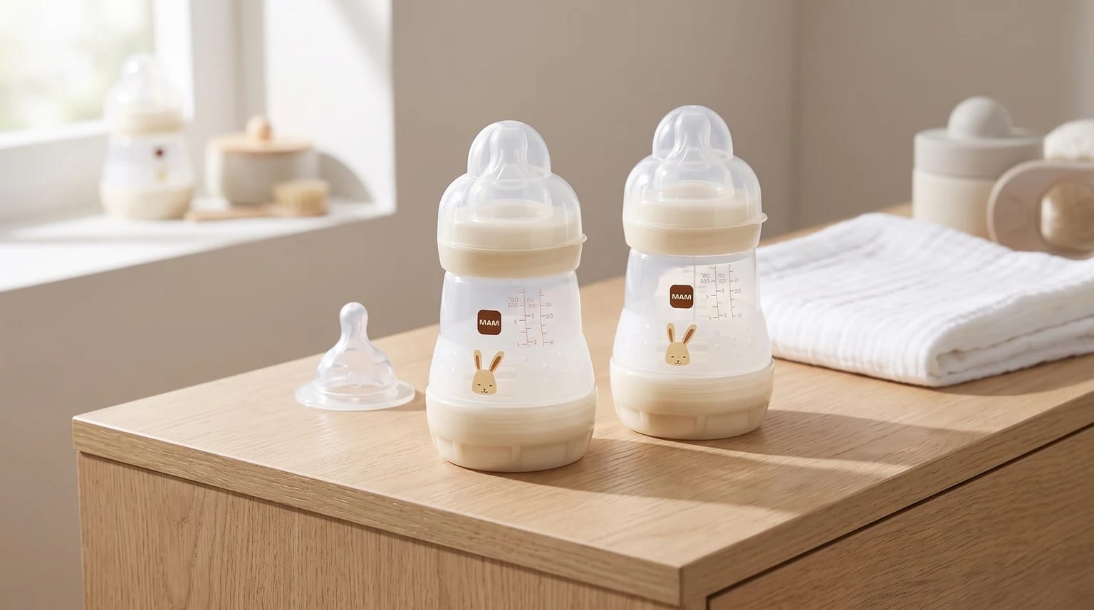 Two MAM baby bottles with a bunny design, filled with milk, sit on a light wood surface next to a spare teat.