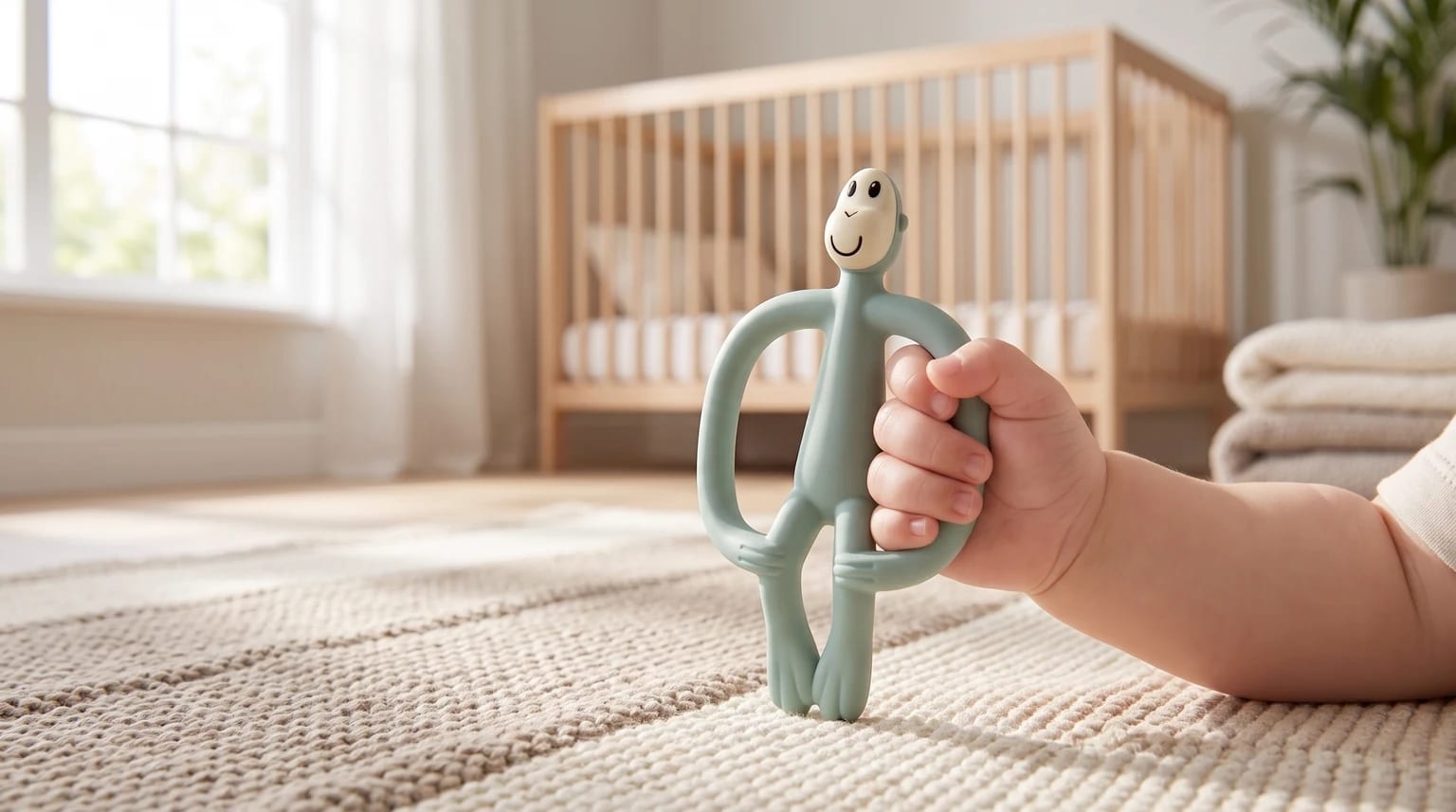 A baby's hand holds a sage green monkey teether on a woven rug. In the background is a sunlit nursery with a wooden cot.