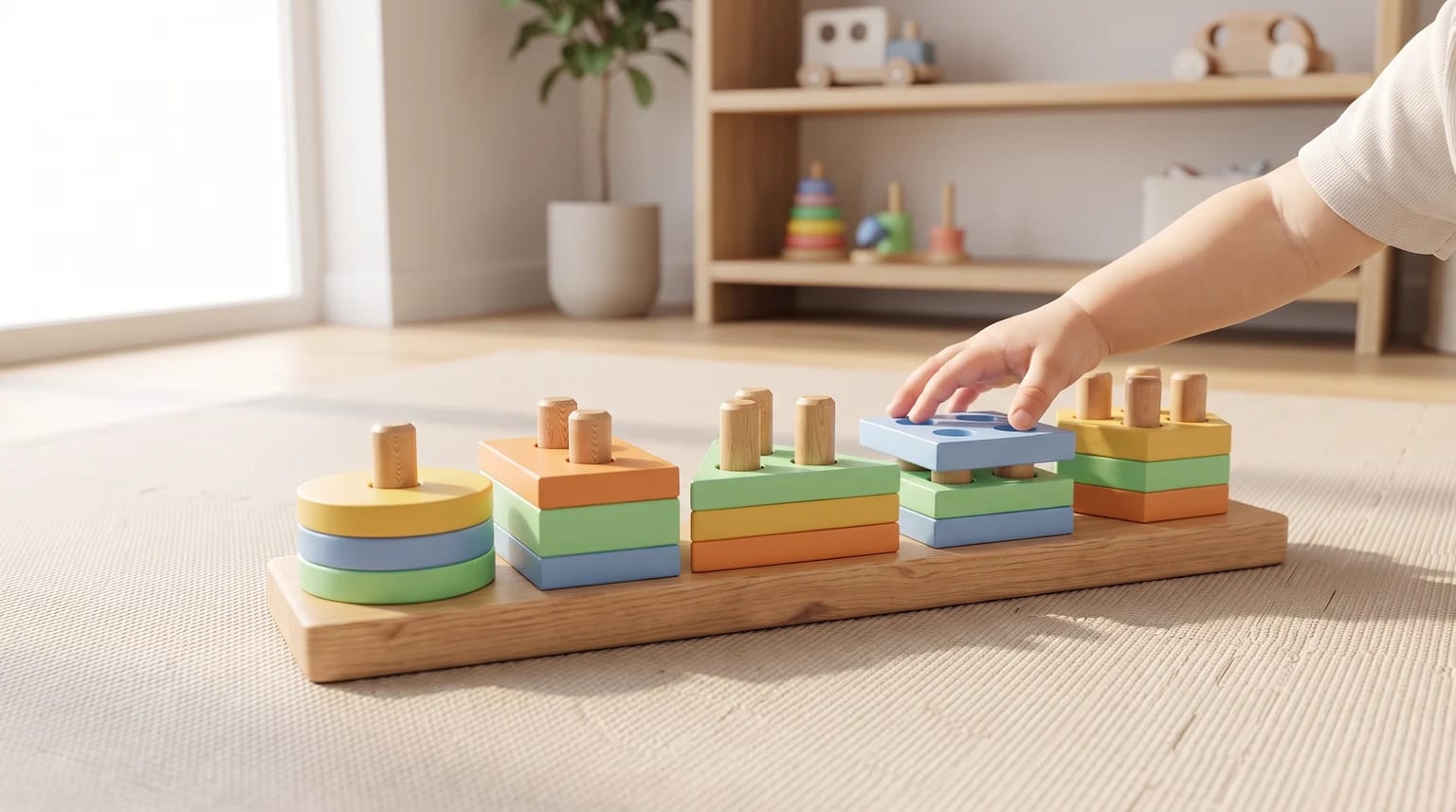 A young child's hand places a blue wooden block onto a colourful shape sorter toy on a playroom rug.