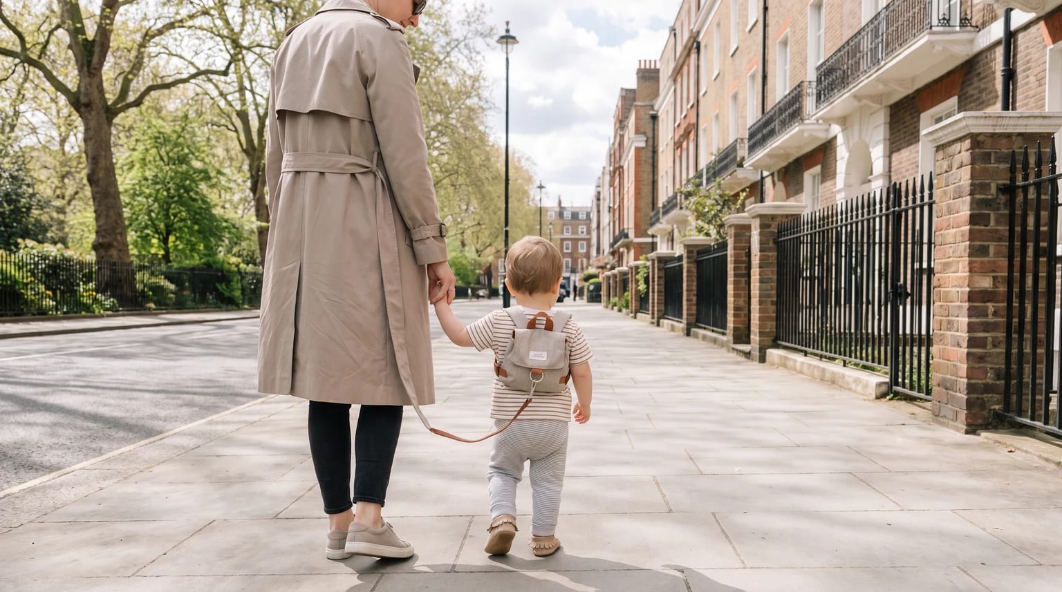 A parent holds a toddler's hand as they walk along a tree-lined city pavement. The child wears a small rucksack with a safety rein.