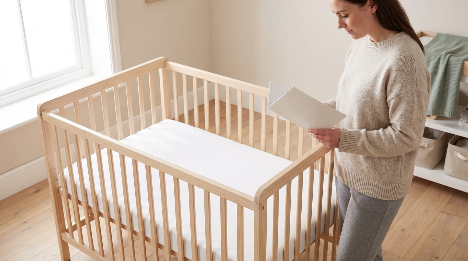Parent checking an instruction booklet beside a wooden cot with a flat, snugly fitted mattress.
