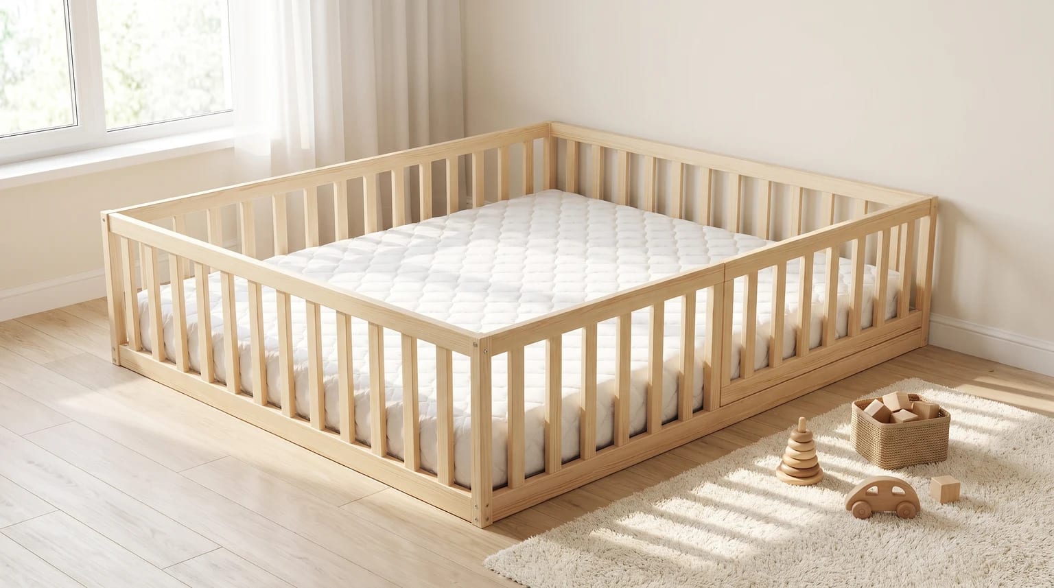 A low natural-wood Montessori floor bed with slatted rails and a white quilted mattress in a bright bedroom.