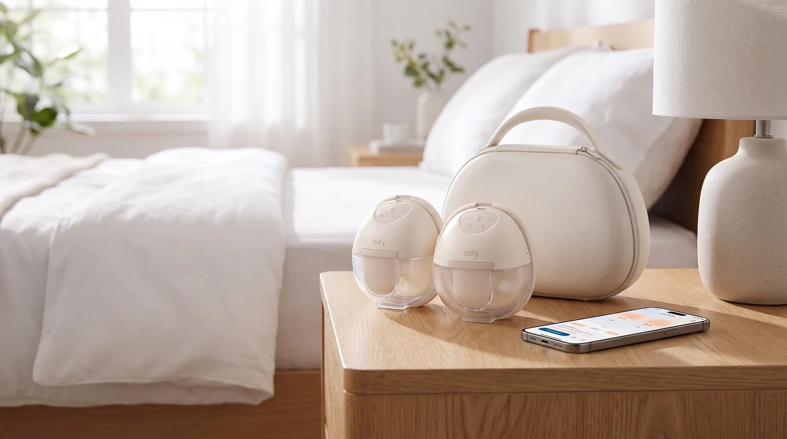 A pair of Eufy wearable breast pumps and their case on a bedside table in a bright bedroom, with a smartphone showing the app in front.