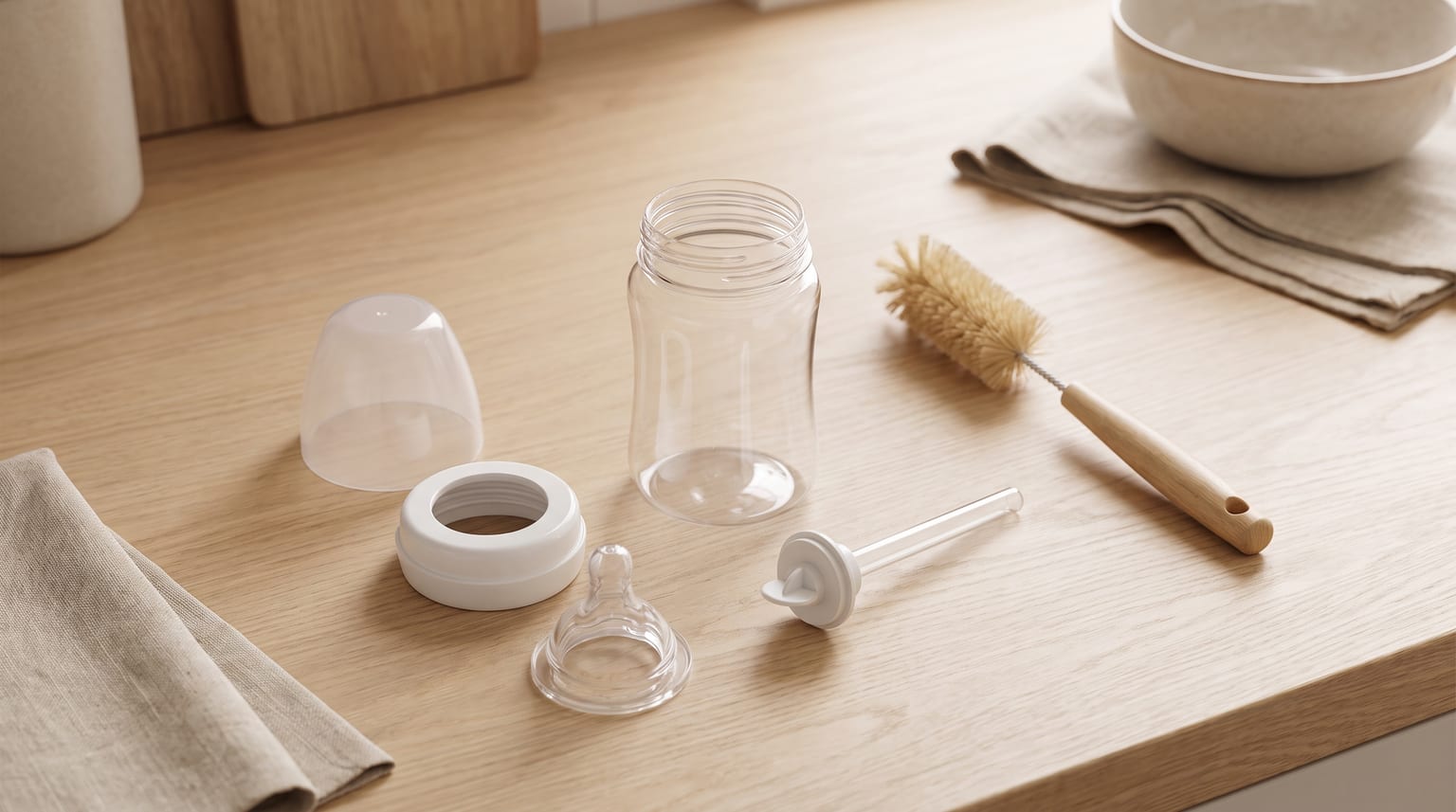 Parts of a disassembled baby bottle system laid out on a kitchen counter.
