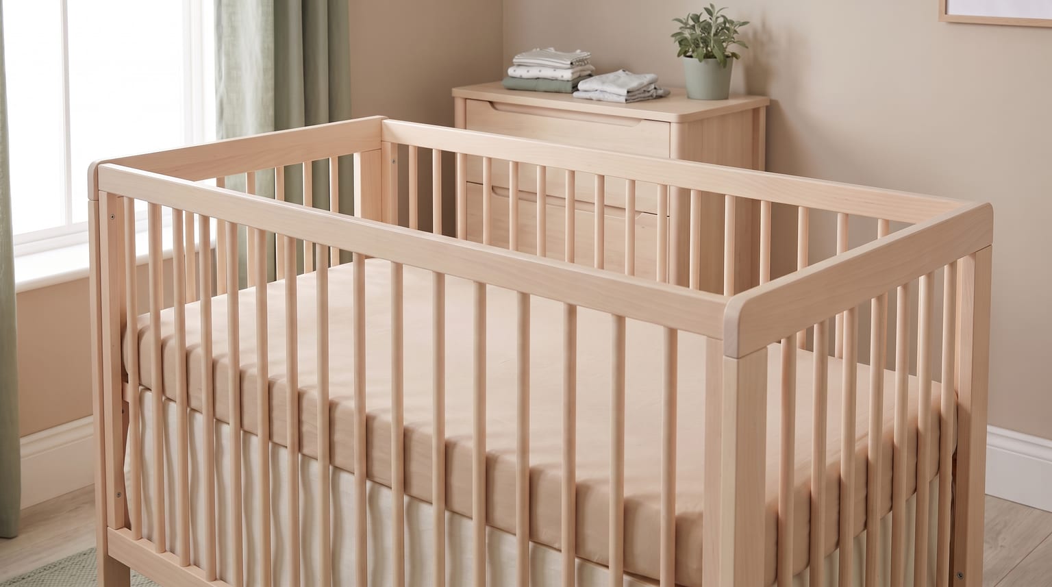 An empty light-wood cot with complete slatted sides and a fitted sheet stands in a bright nursery.
